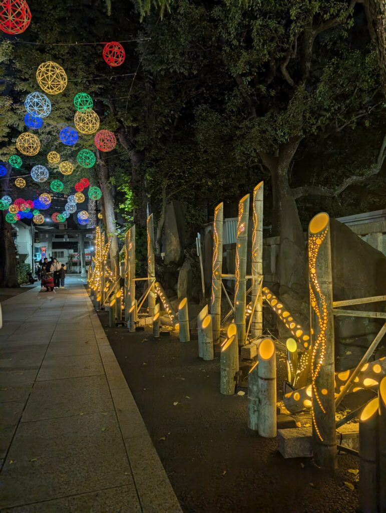深夜の参道に竹あかりと色毬が幻想的な雰囲気を醸し出している
